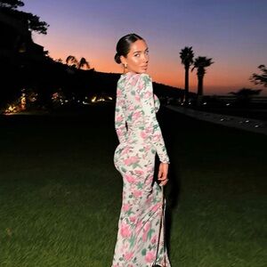 Pink and Green Floral Bodycon Dress with Long Bishop Sleeves